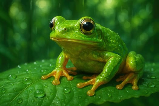 Colorful tropical frog on a leaf with raindrops, photorealistic digital painting with vibrant saturated colors and fine detail