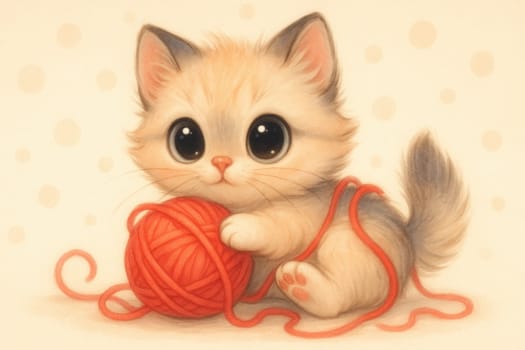Adorable kitten with big eyes playing with yarn ball, soft pastel digital illustration with gentle gradients and smooth textures
