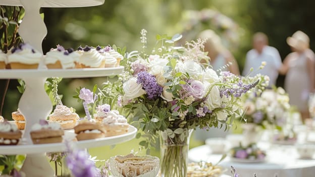Outdoor wedding buffet table with lavender and a variety of dishes.