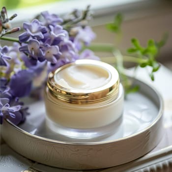 Cosmetic cream in a glass jar. Skin care concept. Background for beauty products