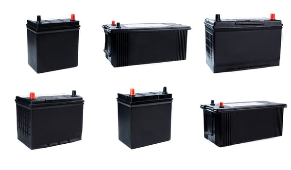 Six black car batteries of different sizes isolated on white background. Automotive power units for light vehicles and trucks. Ideal for catalog or shop.
