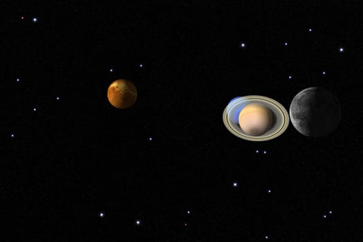 A digitally rendered image of space showcasing a vivid alignment of planets, including a ringed gas giant resembling Saturn, a rocky terrestrial planet, and a dark moon-like body, all set against a star-studded black background. This surreal and imaginative cosmic scene is perfect for themes related to astronomy, science fiction, and the beauty of the universe.