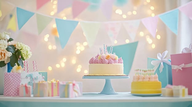 Delightful garden Birthday celebration featuring floral cakes, pastel gift wrap, vintage teaware, and soft bunting, evoking a tender, joyful birthday gathering in an English countryside garden