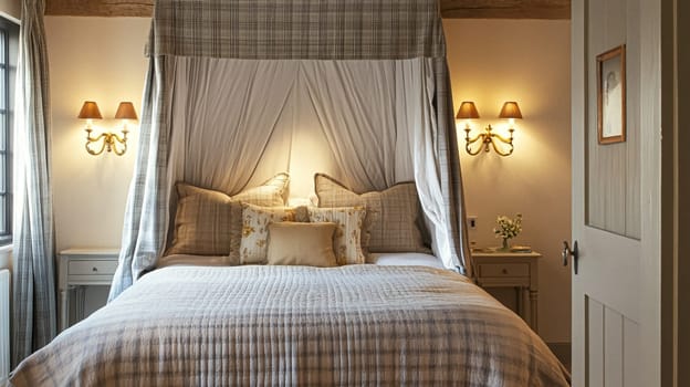 Refined English interiors with soft neutral tones, botanical art, fresh florals, classic panelled walls, and elegant furnishings for a feminine yet timeless home atmosphere