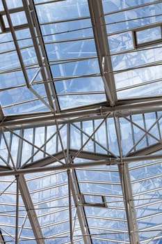 Metal beams in a large glass roof