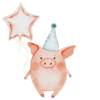 Little cute pig watercolor drawing. Hand drawn illustration of piglet in a party hat with a balloon on white background. Clip art of cute farm animal character. Ideal for stickers, cards and baby educational cards. High quality photo
