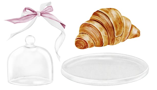 Croissant watercolor set. Hand drawn fresh french bun with a white plate, cloche and pink bow. Food clip art. Ideal for bakery prints, postcards and pastry shop posters. High quality illustration