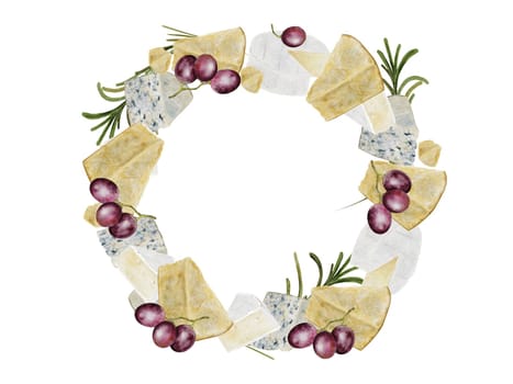 Cheese watercolor frame. Hand drawn different cheeses, parmesan, brie, roquefort. Clip art of food on white background. Ideal for packaging of farm organic product or restaurant menu design. High quality illustration