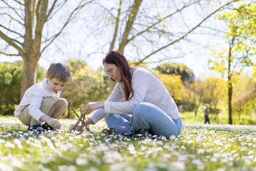 Mother and son enjoying a sunny spring day building a small teepee with branches in a field of daisies