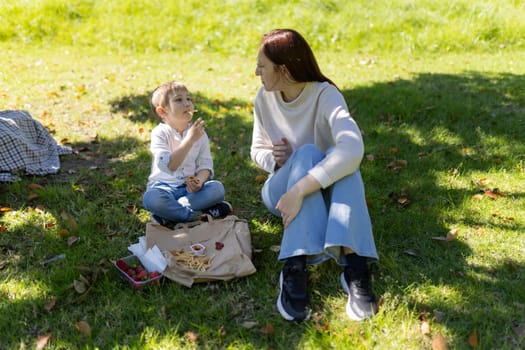 Mother and son sharing a picnic lunch together, enjoying quality time in nature