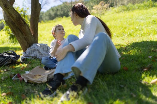 Mother and son enjoying french fries during a relaxing picnic in a sunny park, creating cherished family moments