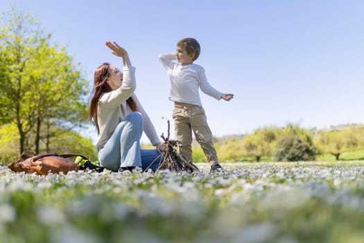 Mother and son having fun in a field of flowers, preparing to build a campfire on a sunny day