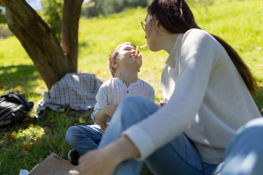 Mother and son enjoying quality time together, sharing french fries during a sunny picnic in a park, creating a heartwarming moment of family bonding