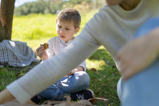 Young boy enjoying a sandwich during a family picnic in a sunny park