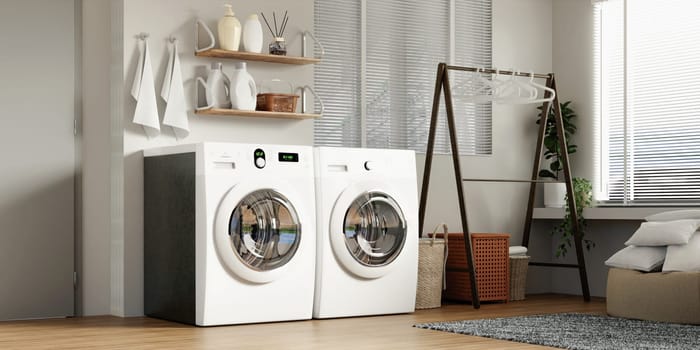 A contemporary laundry room design featuring practical washing machines, ideal for a modern home and lifestyle.