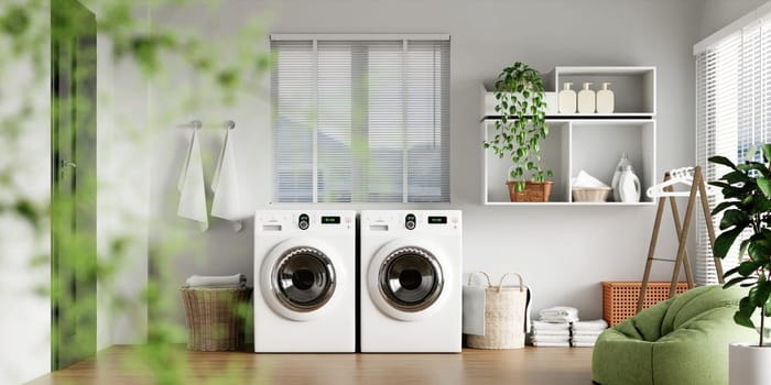 A stylish home laundry setup featuring efficient washing machines, designed for modern living and optimal organization.