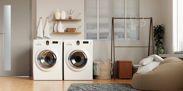 An elegant laundry room design showcasing modern appliances and stylish decor elements for a functional and aesthetic space.