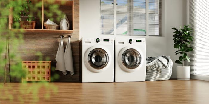 A beautifully designed home laundry space featuring sleek white washing machines and a modern aesthetic for practical living.
