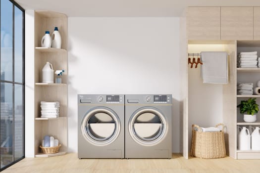 A well-designed laundry room featuring modern washing machines, optimal organization, and stylish storage solutions for a functional space.
