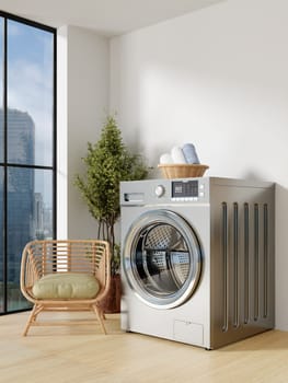 A contemporary home laundry room showcasing modern washing machines and stylish interior elements, perfect for home improvement inspiration.