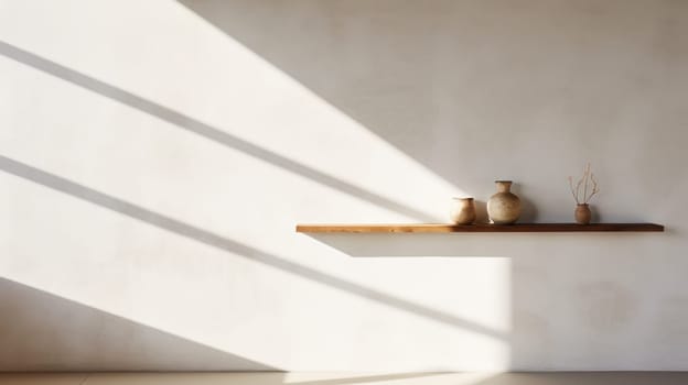 Serene interior with wooden shelf showcasing minimalist vases. Created using AI Generated technology and image editing software.