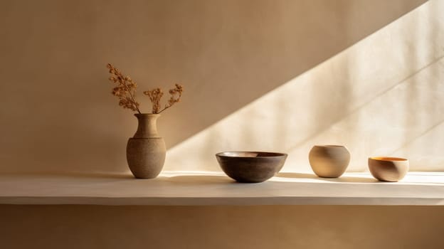 Array of vases on shelf with ceramic bathed in sunlight. Created using AI Generated technology and image editing software.