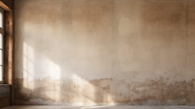 Sunlight streams into a room with aged beige plaster walls. Created using AI Generated technology and image editing software.