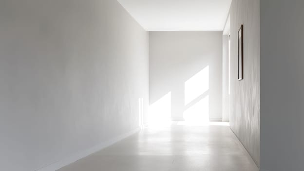 Sunlight illuminates a white hallway with framed artwork on the wall. Created using AI Generated technology and image editing software.