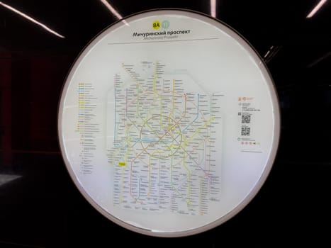 Moscow, Russia, April 25, 2025: Illuminated circular metro map at Michurinsky Prospekt station highlights the focus on user friendly navigation and modern design in Moscow public transit system