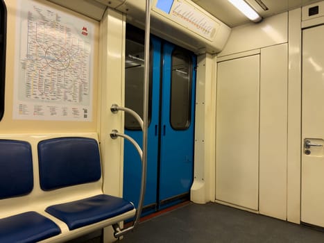 Moscow, Russia, April 25, 2025: Interior of Moscow Metro train with clear navigation maps and route schemes helps passengers plan trips and understand directions across the extensive subway system