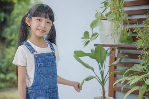 Asian young attractive girl standing beside a green potted plant at home held, World Environment Day concept