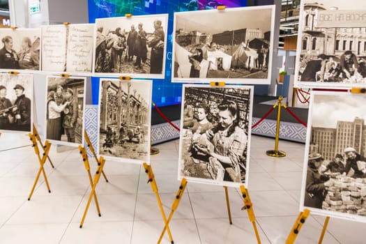 05.05.2025 - Minsk, Belarus. Large prints of photos themed second world war and soviet veterans on display.