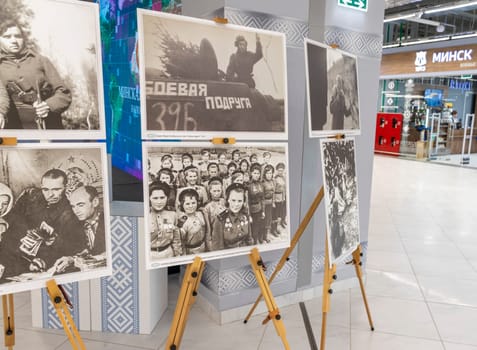 05.05.2025 - Minsk, Belarus. Large prints of photos themed second world war and soviet veterans on display.