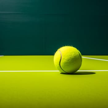 A bright yellow tennis ball on a green court, with clear lines, symbolizes sport and recreation. Perfect for tennis-themed designs and representing an active lifestyle.