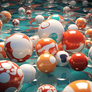A scene with colorful spheres floating on a teal surface, creating stunning reflections. This image adds a playful and visually engaging element, ideal for creative use.