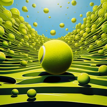 Explore a surreal tennis world with a giant tennis ball and floating orbs. The vibrant green and blue colors create a captivating landscape. Ideal for sports and creative projects.