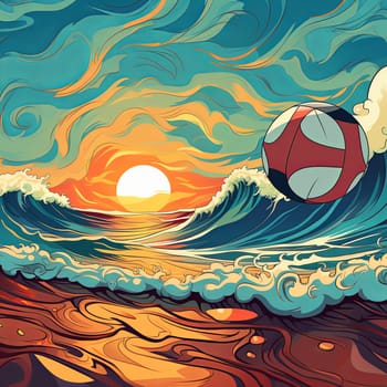 This artistic image features a vibrant ocean sunset with stylized waves and a retro beach ball, evoking a sense of summer fun and leisure in a colorful and abstract style.