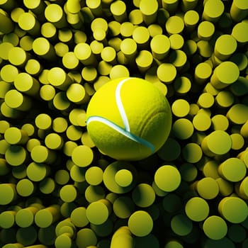 A tennis ball rests on a field of cylindrical pillars, creating a vibrant and engaging visual. The yellow ball contrasts beautifully, making it perfect for sports-themed designs.