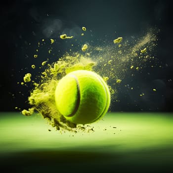 Capture the excitement of tennis with this vibrant image of a tennis ball bursting with color, showcasing a dynamic moment of impact and energy, ideal for sports and fitness themes.