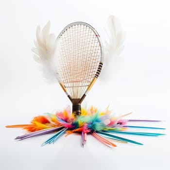 A vibrant still life showcasing a tennis racket decorated with colorful feathers. Isolated on a white background, this playful and creative piece stands out beautifully.