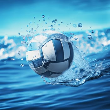 A blue and white water polo ball creates a large splash in the turquoise water, symbolizing fun, freedom, and healthy lifestyle. Perfect for advertising water sports or vacations activities.