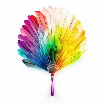A vibrant feather fan featuring a range of bright colors. Isolated on a white background, ideal for fashion, design, or tourism projects. Great for mockups and text placement.