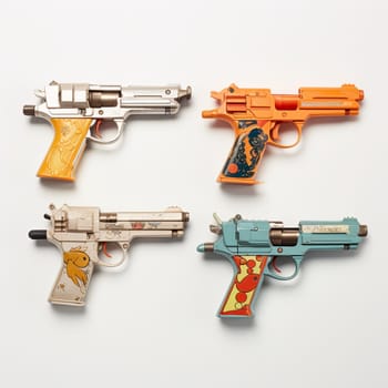 A set of four colorful, vintage toy pistols isolated on a white background. Ideal for playful themes, decorations, and product mockups, perfect for games and creative concepts.