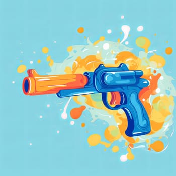 A vibrant toy gun in bright blue and orange, surrounded by colorful paint splatters. Ideal for children s content and playful designs. Isolated on a light blue background.