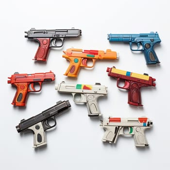 A colorful collection of toy guns is displayed on a white background, showcasing fun and playful themes. Ideal for projects focusing on childhood and imaginative play.