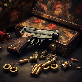 A vintage style pistol with bullets and steampunk accessories arranged on ornate boxes. The scene evokes mystery and intrigue, perfect for art projects and historical themes.
