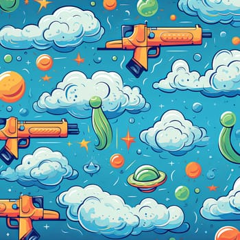A vibrant pattern with cartoon clouds, planets, alien spaceships, and toy guns against a bright blue background. Ideal for children s designs, textiles, and creative projects.