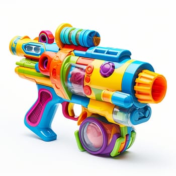 A vibrant, multi-colored toy laser gun, perfect for children s imaginative playtime. Isolated on a clean white background, this futuristic blaster is ideal for creative projects and playful concepts.