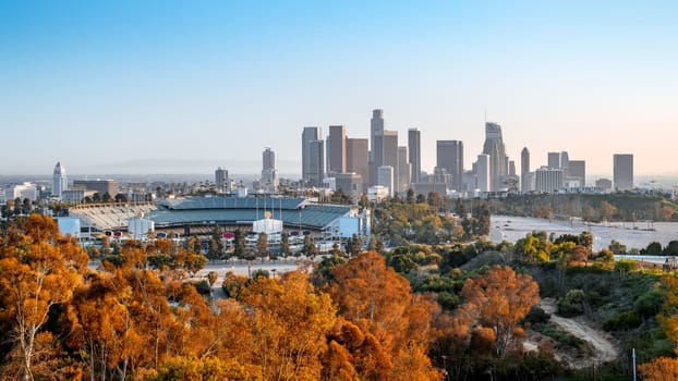 the skyline of los angeles seen from the elysian park