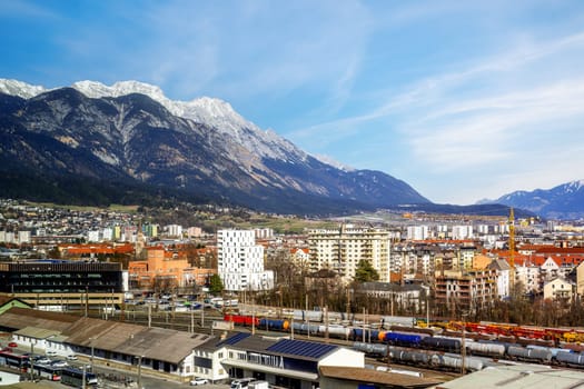 Aerial view of the city Innsbruck and the alps
